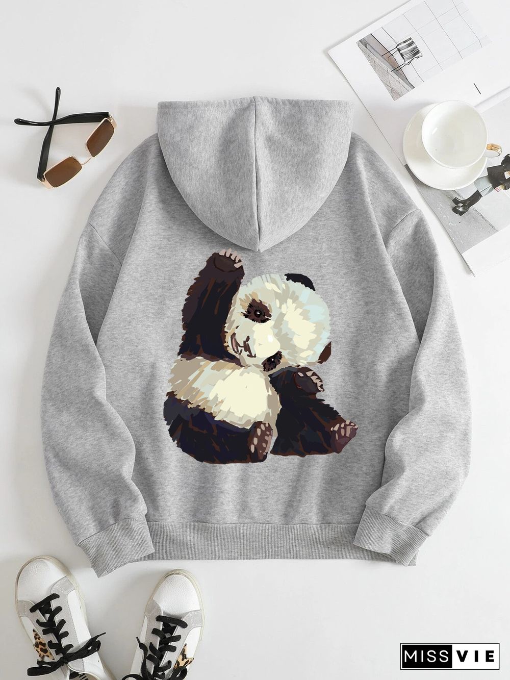 Printed on the Back Kangaroo Pocket Hoodie Long Sleeve for Women Pattern Panda