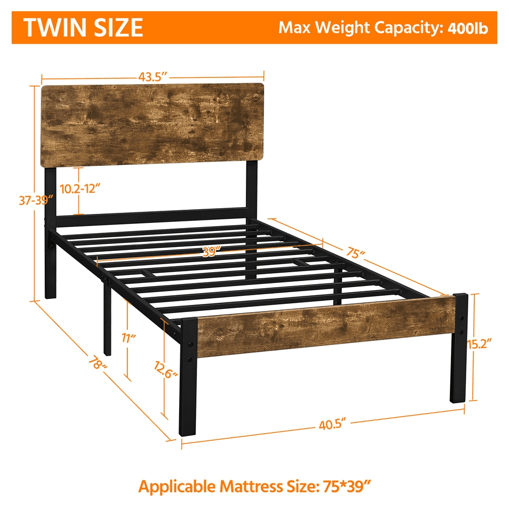 Topeakmart Platform Metal Twin Bed Frame with Wooden Headboard & Footboard