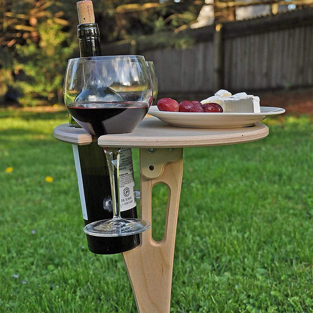 Outdoor Wine Table Picnic， Holder Portable Folding Wine with Round Desktop Wooden Picnic Table for Outdoor Picnic Wine Glass Holders， Gardening， Travel， Camping， BBQ， Party