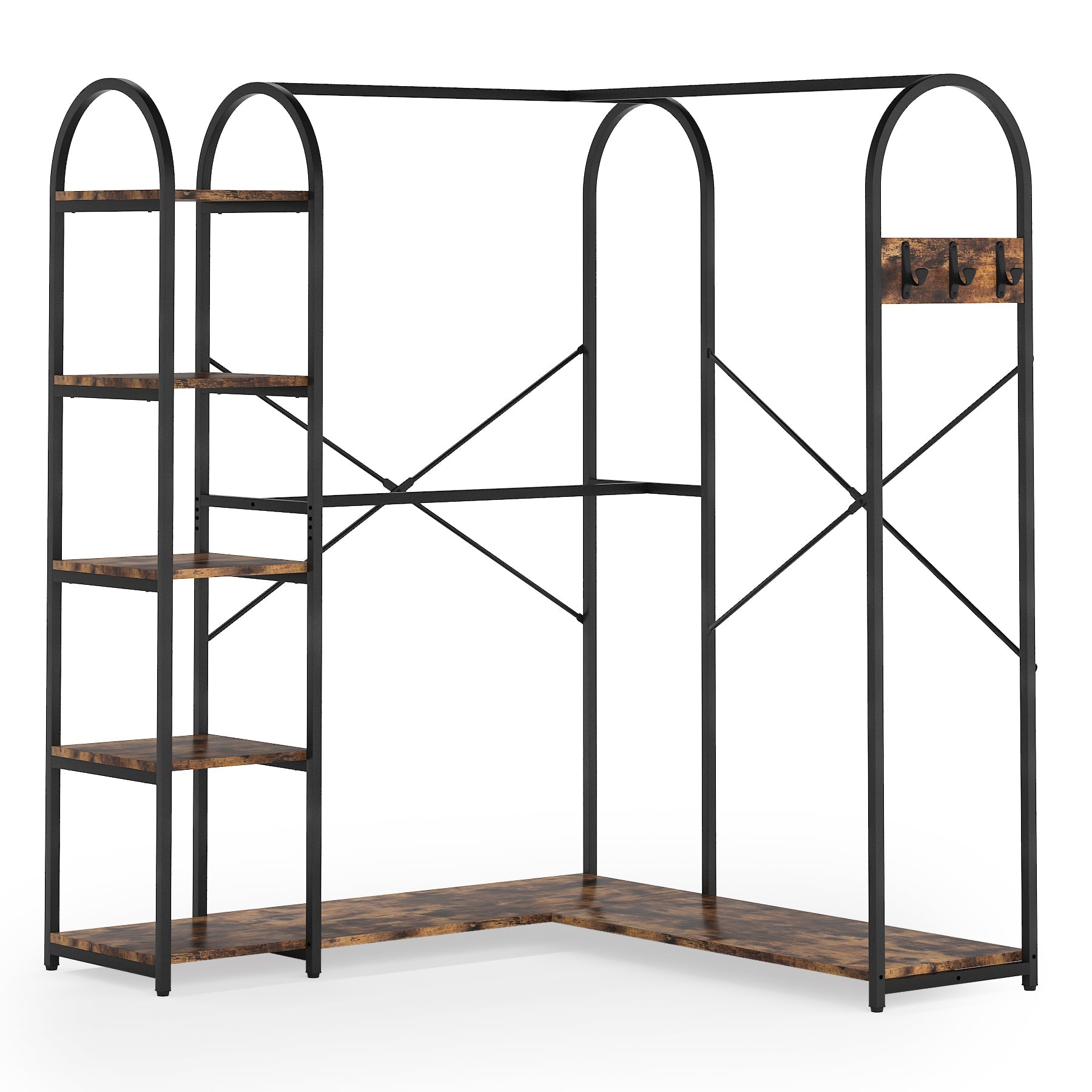 L-Shaped Clothes Rack, Corner Garment Rack with Storage Shelves