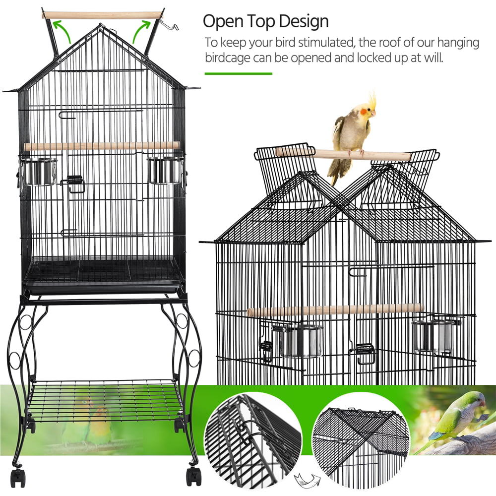 Topeakmart 57''H Open Top Metal Parrot Cage Rolling Birdcage with Perches， Black