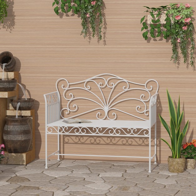 Antique style Outdoor Patio Garden Bench Metal Loveseat With Ivy Pattern On The Backrest Cream White