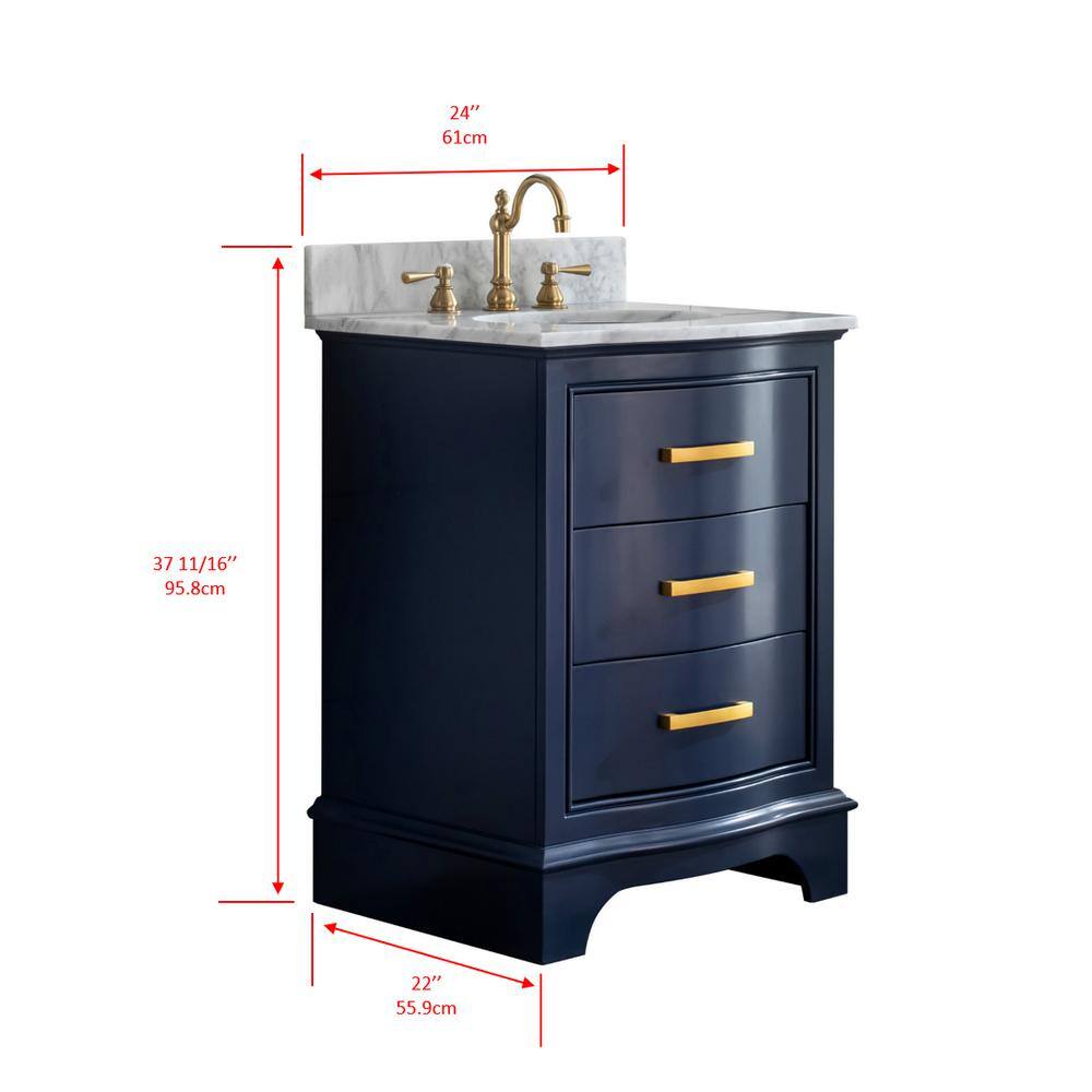 SUDIO Monroe 24 in. W x 22 in. D Bath Vanity in Navy Blue with Natural Marble Vanity Top in Carrara White with White Basin Monroe-24NB