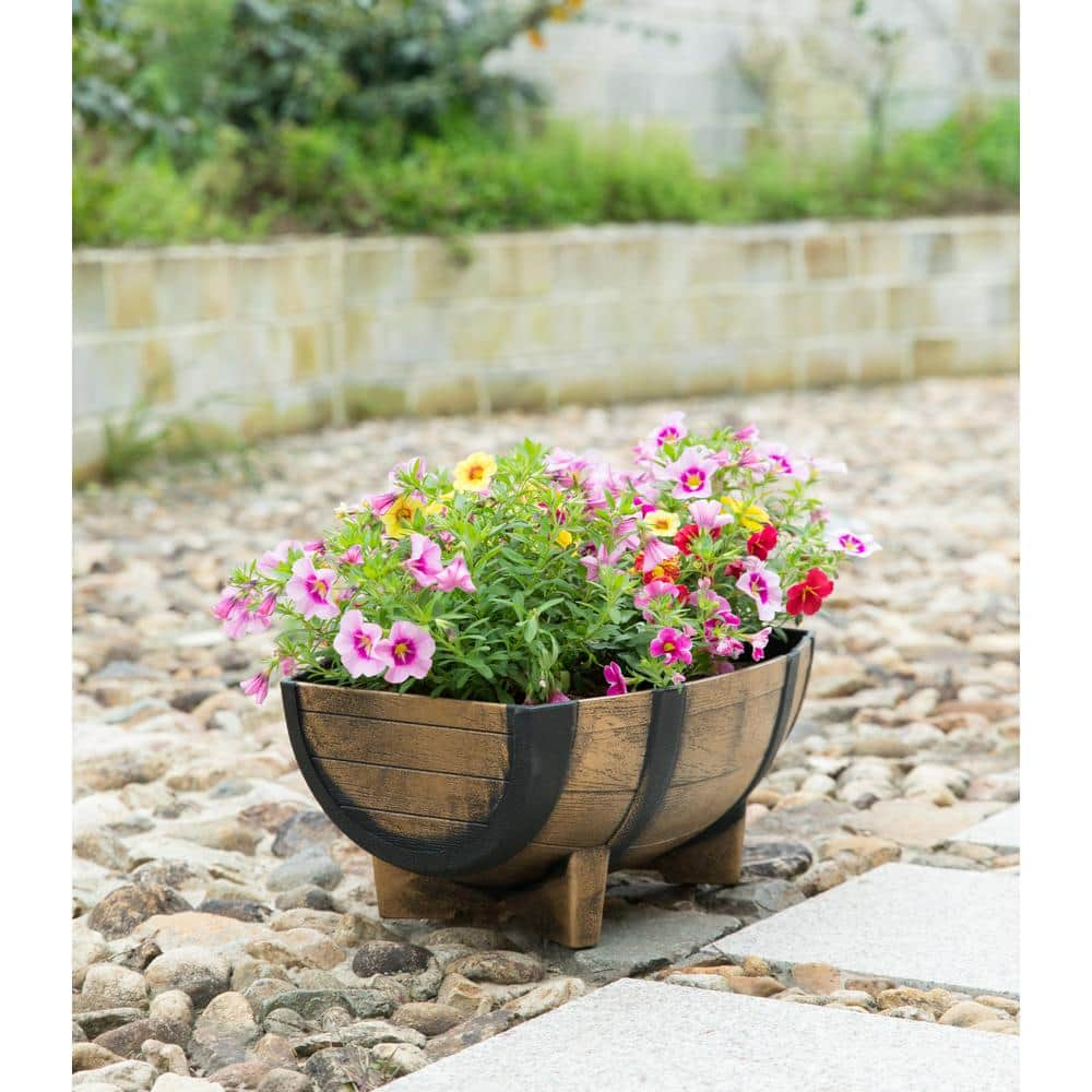 Gardenised Rustic Wood-Look Plastic Half Barrel Flower Pot Garden Planter (Pack of 2) QI003695