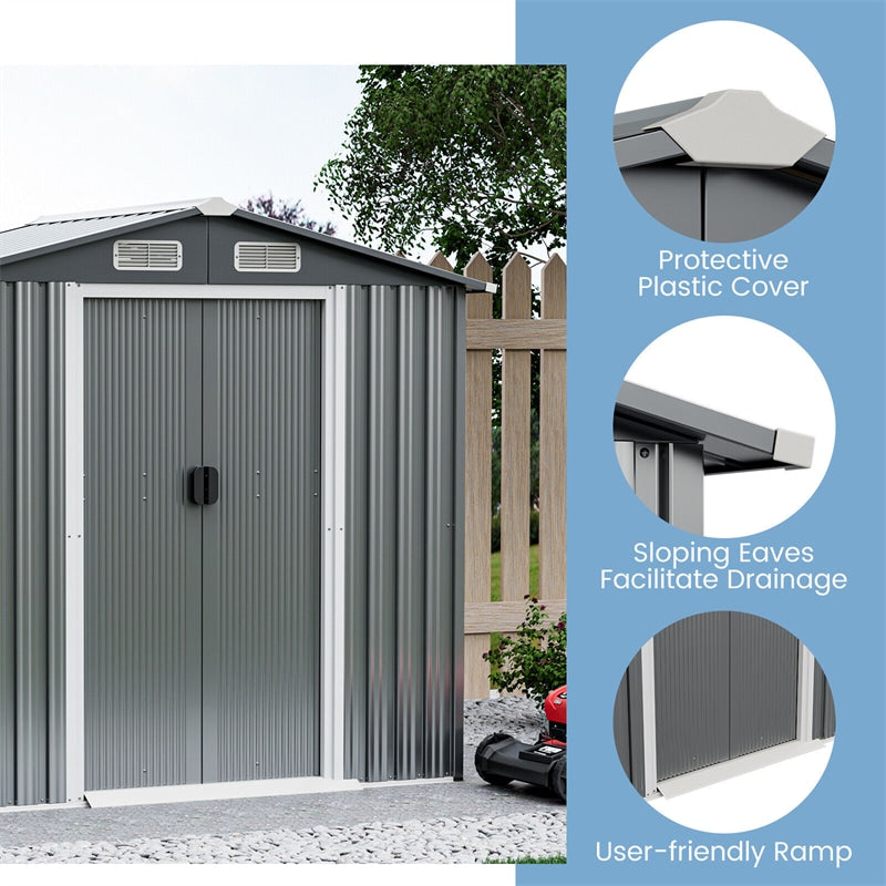 6 x 4 FT Outdoor Storage Shed Galvanized Steel Garden Storage Shed with Lockable Double Sliding Door