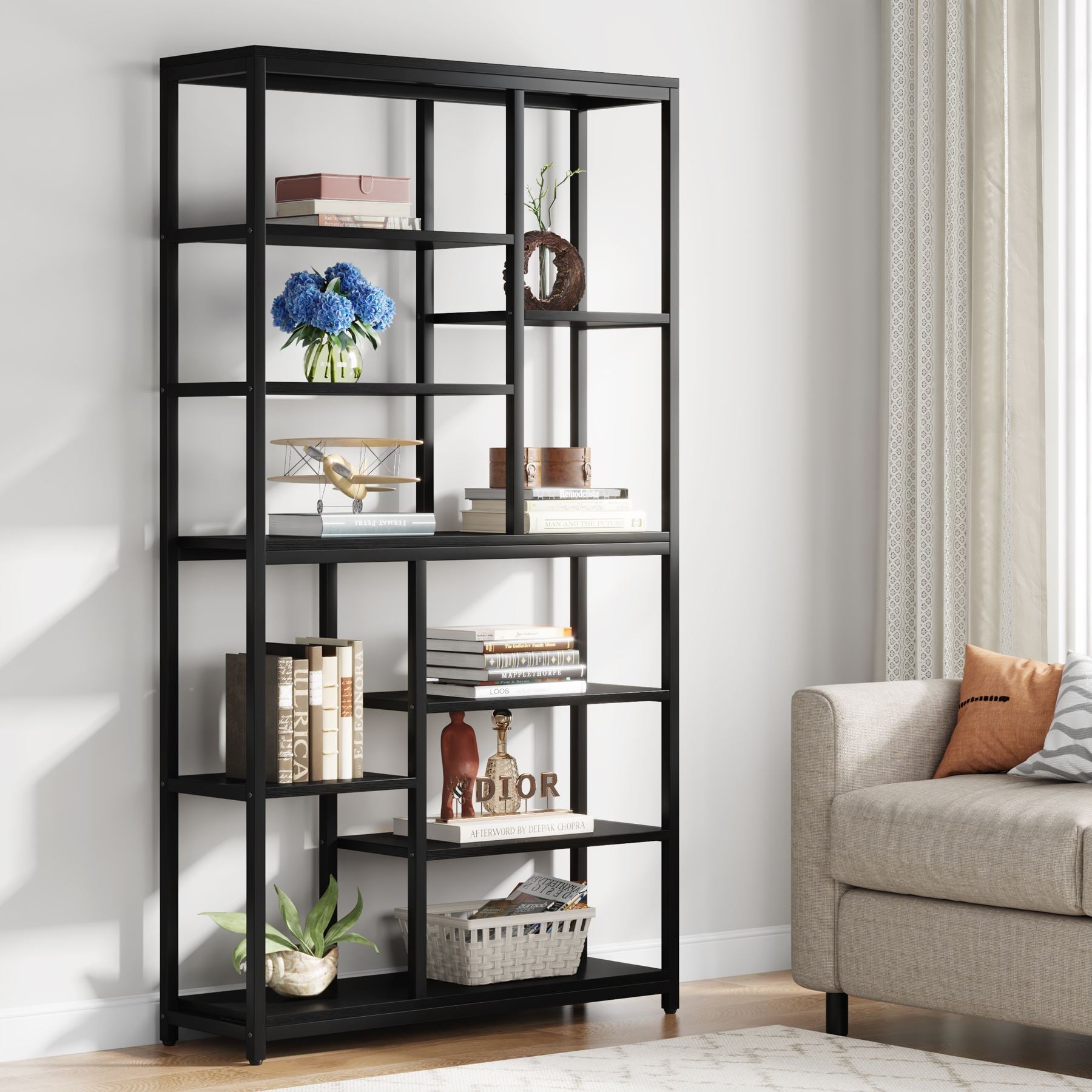 79 Tall Bookshelf, 8-Tier Staggered Etagere Bookcase Shelving Unit