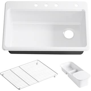 KOHLER Riverby Workstation Drop-In Cast Iron 33 in. 4-Hole Single Bowl Kitchen Sink Kit with Included Accessories in White K-5871-4A2-0