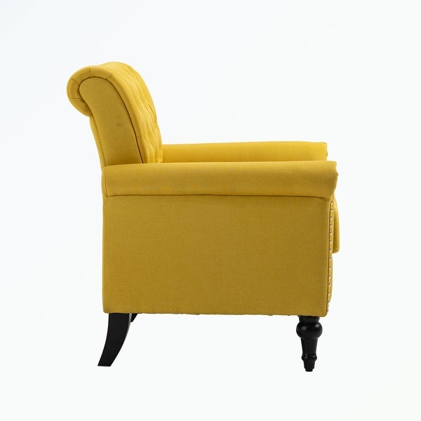 Linen Armchair with Tufted Back and Wood Legs