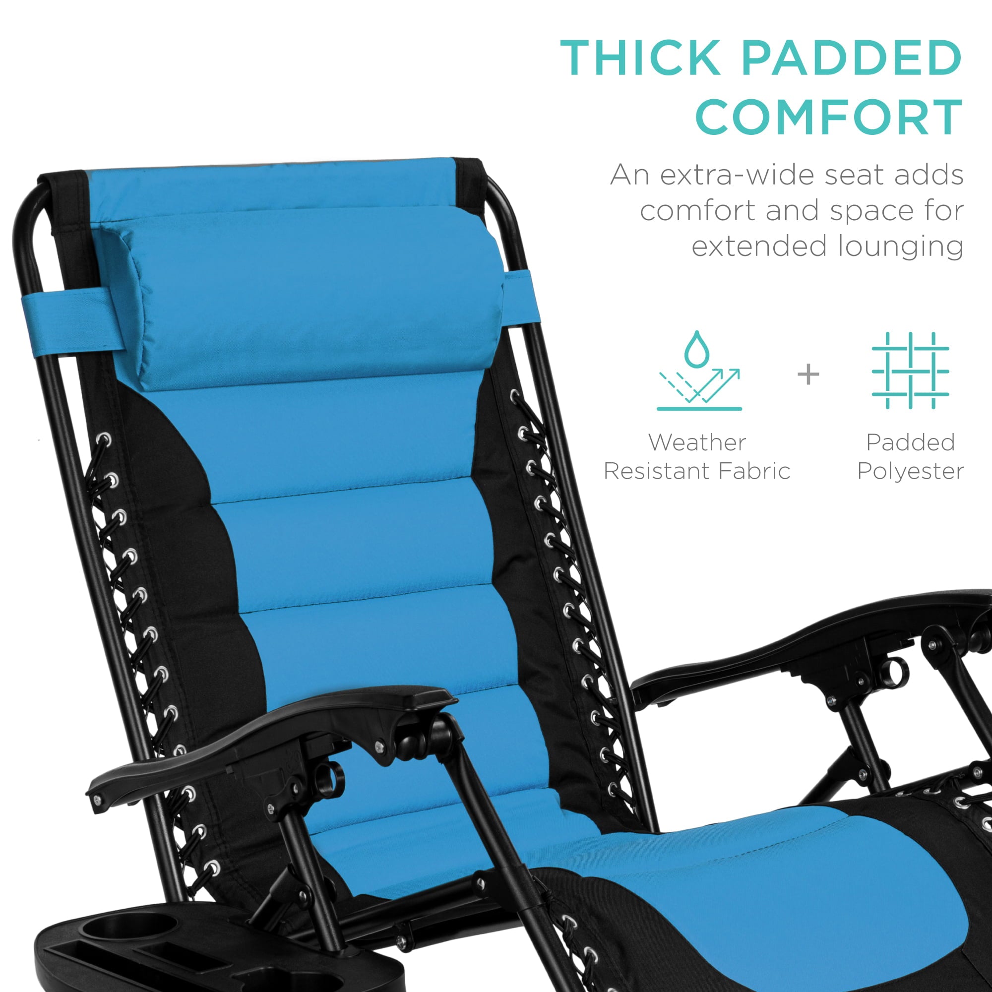 Best Choice Products Oversized Padded Zero Gravity Chair, Folding Outdoor Patio Recliner w/ Side Tray - Sky Blue