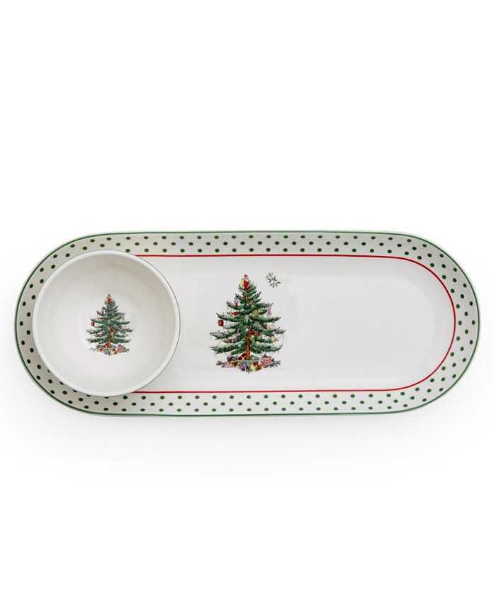 Spode Christmas Tree Polka Dot Oval Chip and Dip 13 H