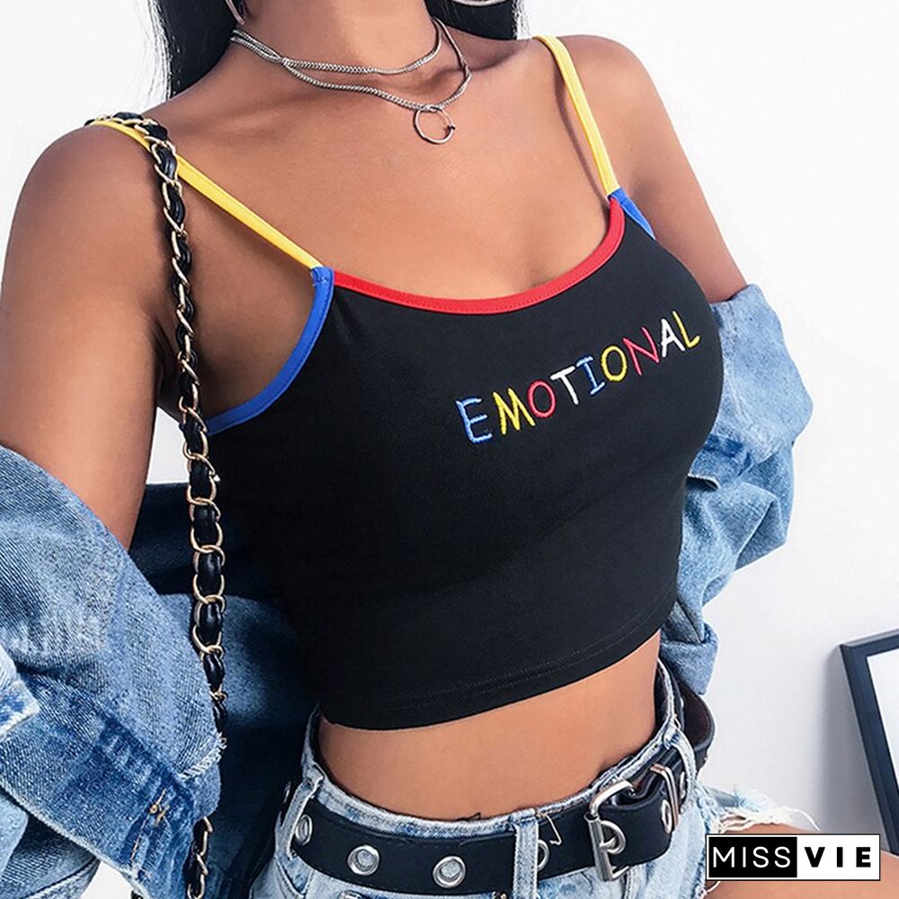 Summer Women Crop Top Cropped Ladies Spaghetti Strap Elastic Camisole Sexy Letter Embroidery Tank Tops