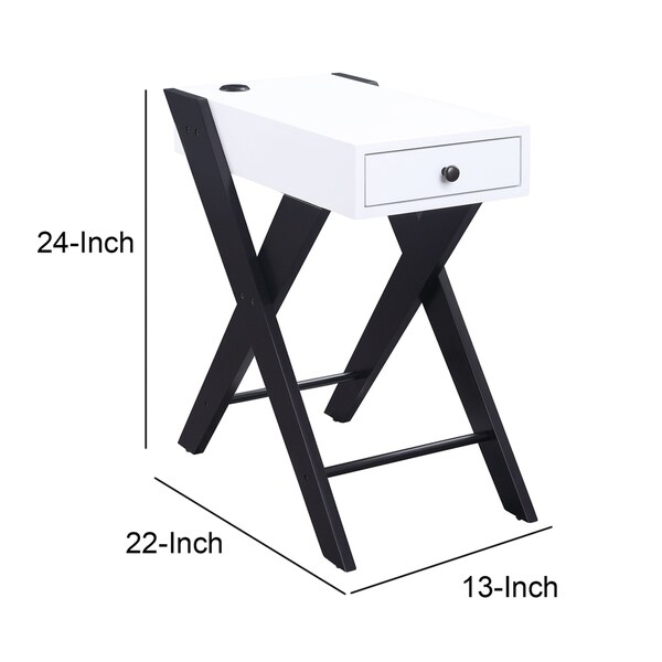 Wooden Frame Side Table with X Shaped Legs and 1 Drawer， White and Black