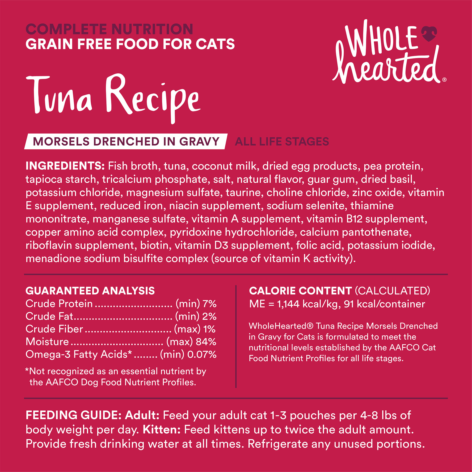 WholeHearted All Life Stages Grain-Free Tuna Recipe Morsels in Extra Gravy Wet Cat Food， 2.8 oz.， Case of 12