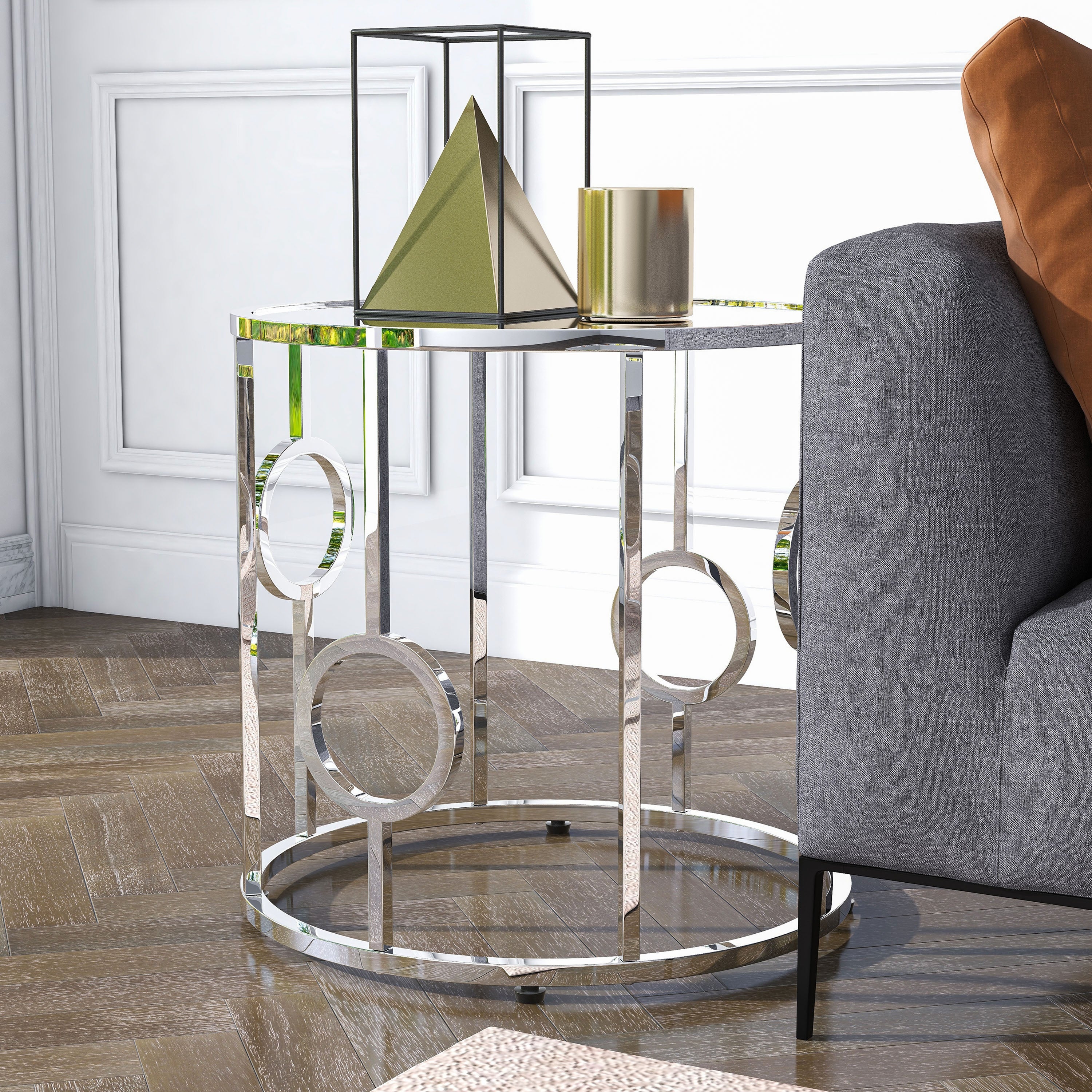 Hoop Glam Chrome Mirror End Table by Furniture of America