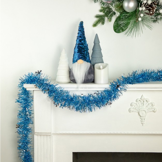 Sky Blue And Silver Snowflakes Christmas Tinsel Garland Unlit