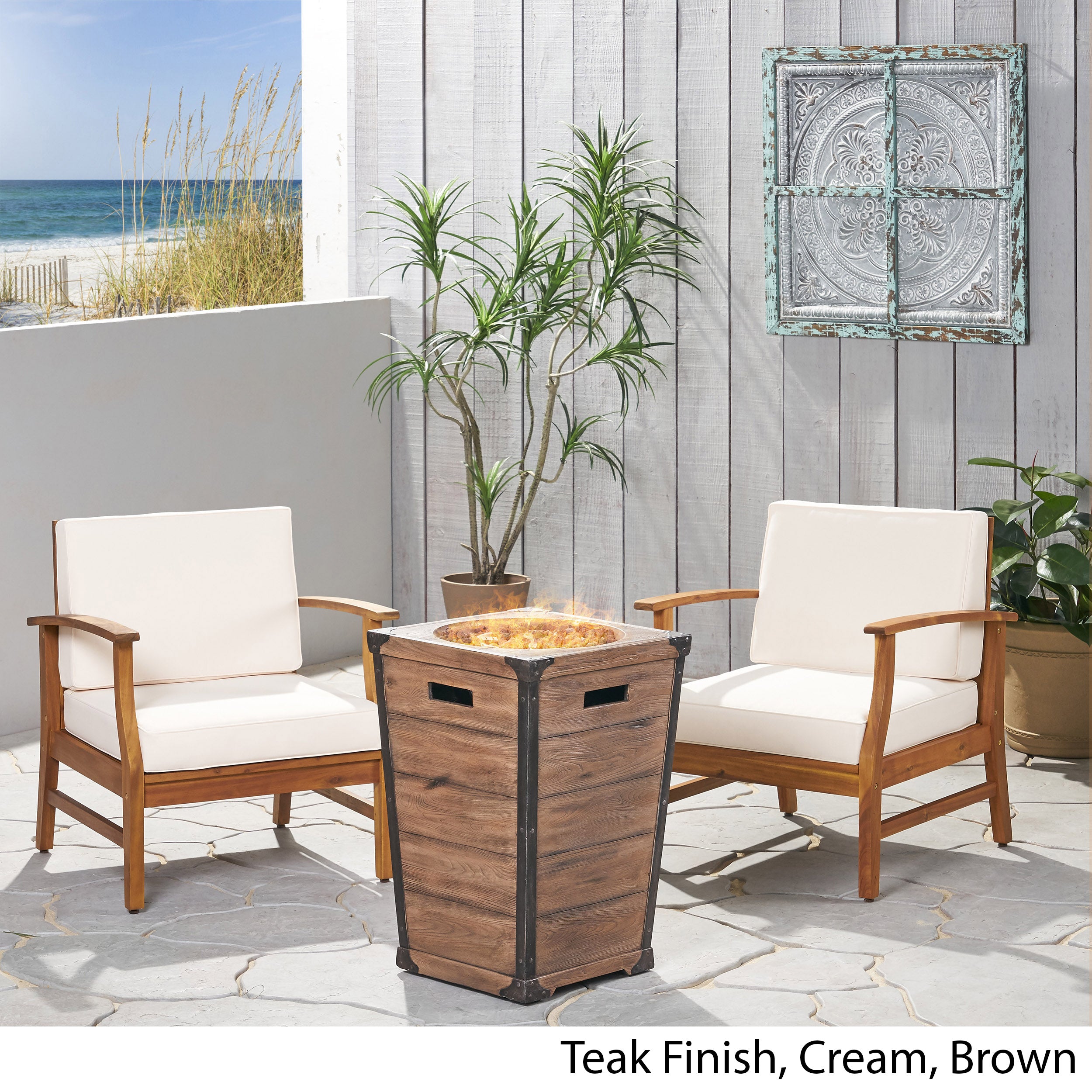 Capri Outdoor 2 Piece Acacia Wood Club Chair Set with Cushions and Fire Column