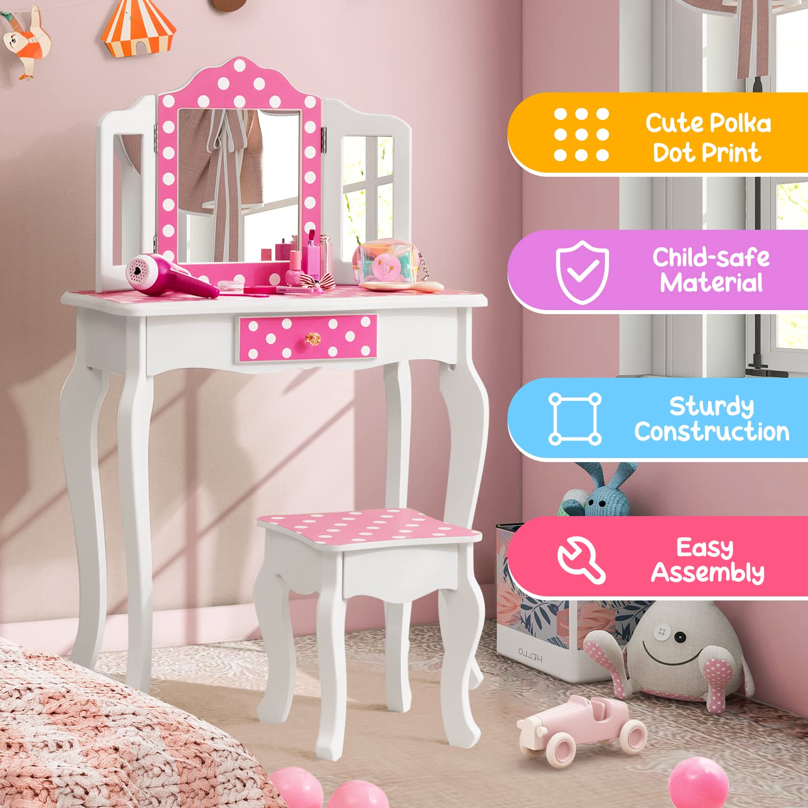 Costzon Kids Vanity Table and Chair Set, Girls Vanity Set with Mirror and Stool, Pretend Play Vanity Set for Little Girls