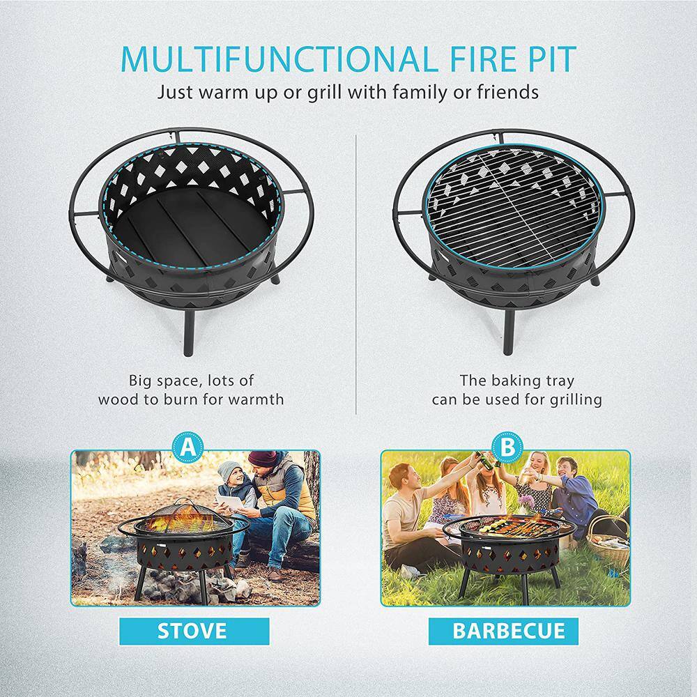 VIVOHOME 37.8 in. x 21.4 in. Round Iron Wood Fire Pit with Spark Screen Round Grill Grid Poker and Fireplace Cover (6-Piece) X002XH0CG1