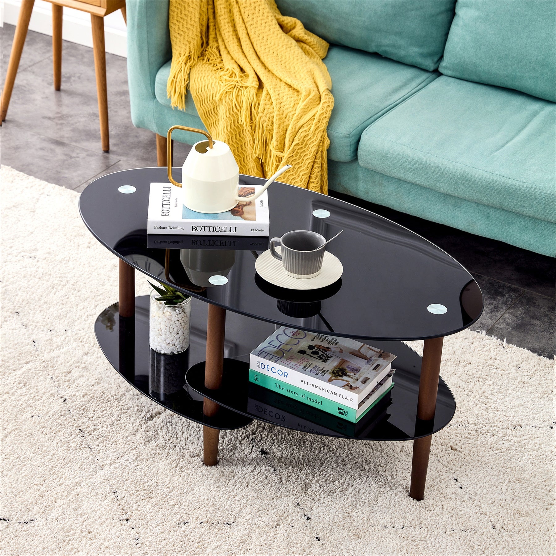 Black Oval Glass Coffee Table Wood Leg Tea Table 3 Layer Glass Table