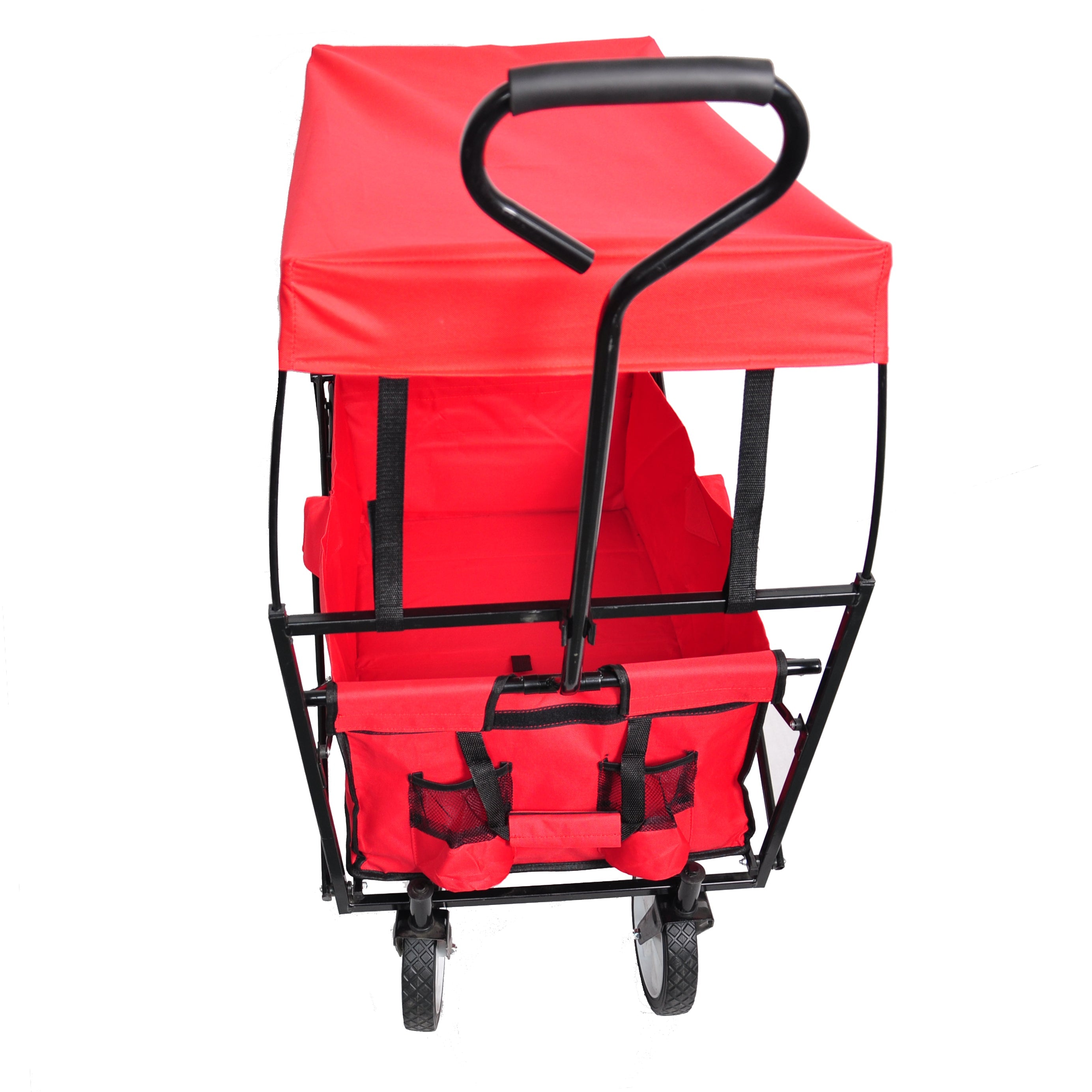 TOPCHANCES Collapsible Wagon Camping Garden Cart with Removable Canopy, Folding Wagon with Adjustable Push Handles for Shopping, Picnic, Beach, Camping, Sports (Red)