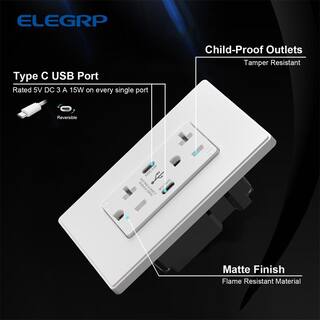 ELEGRP 20 Amp 30-Watt Dual Type C USB Wall Charger with Duplex Tamper Resistant Outlet Wall Plate Included White (2-Pack) R182D60CC-WH2