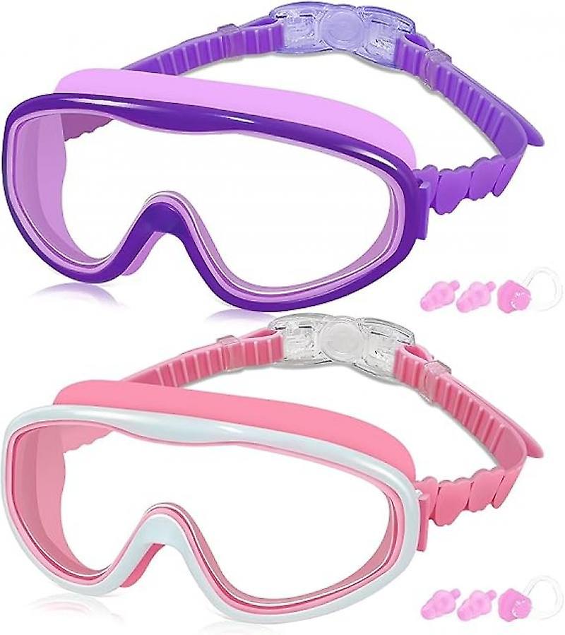 Kids Swim Goggles For Age 3-15， 2 Pack Kids Goggles For Swimming With Nose Cover， No Leaking， Anti-fog， Waterproof，purple+pink