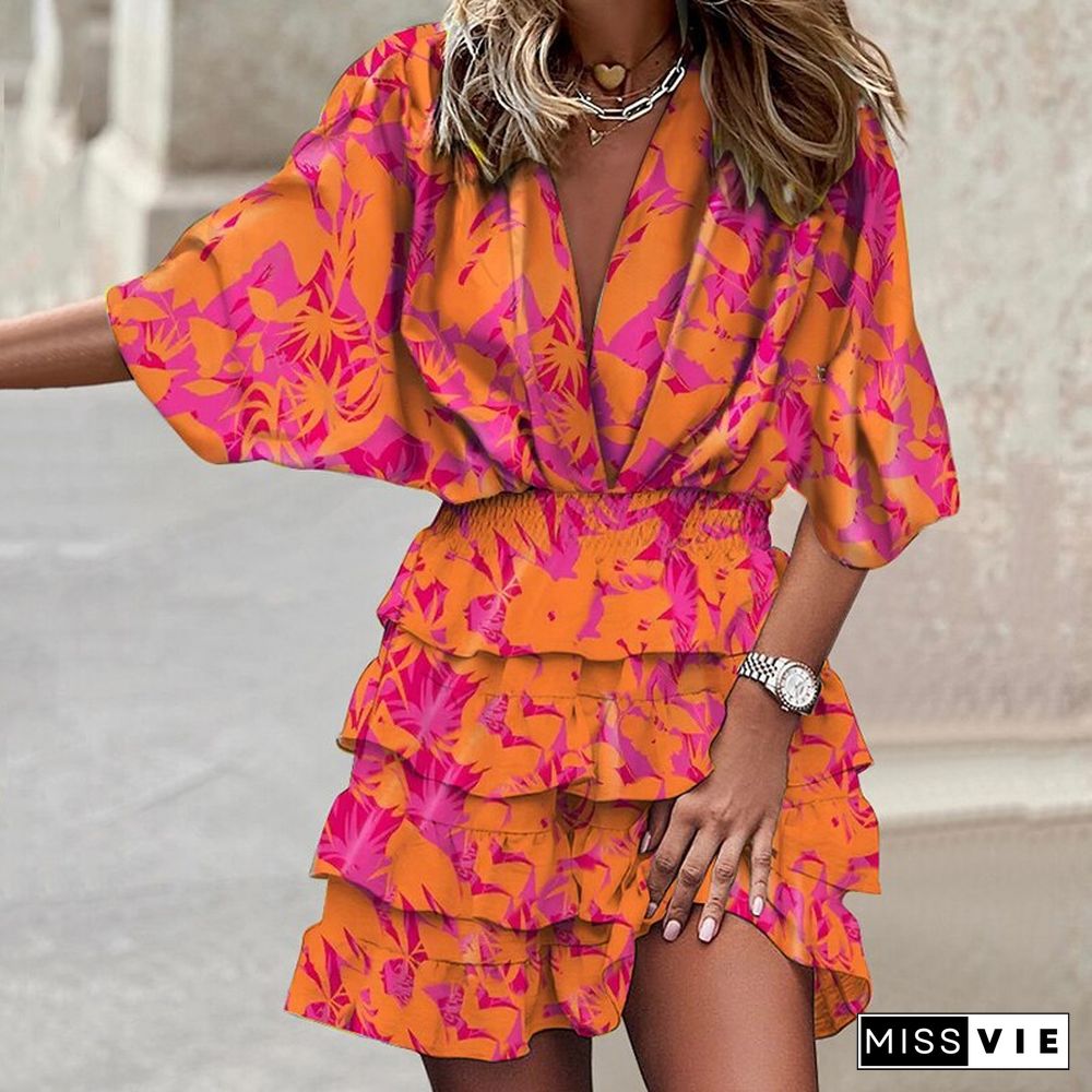 Women Deep V Button Print Loose Beach Dress Fashion Flared Sleeve Pleated Midi Party Dress Summer Casual Street Pullover Dresses