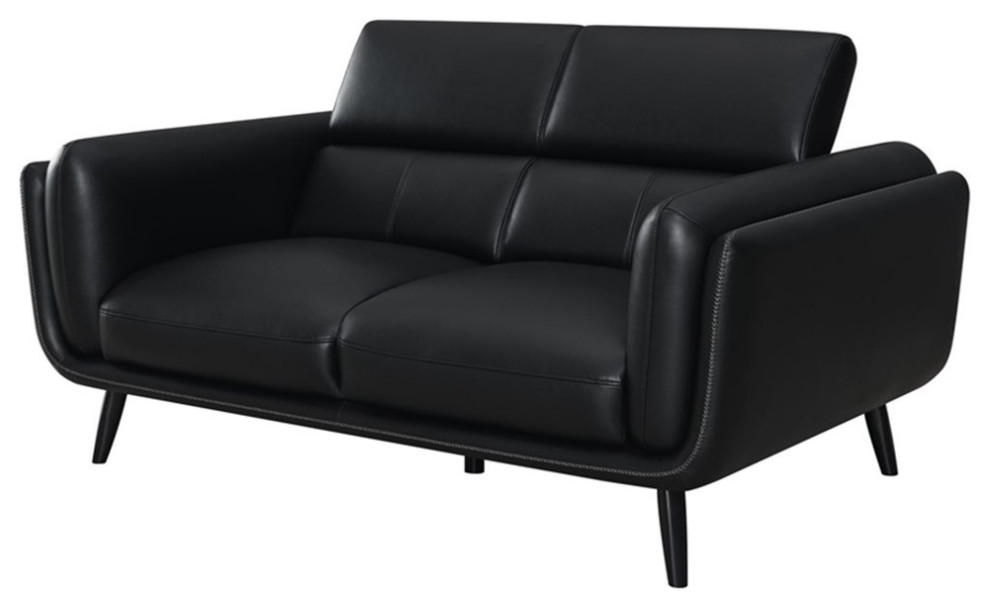 Coaster Shania Faux Leather Track Arms Loveseat with Tapered Legs in Black   Midcentury   Loveseats   by Homesquare  Houzz