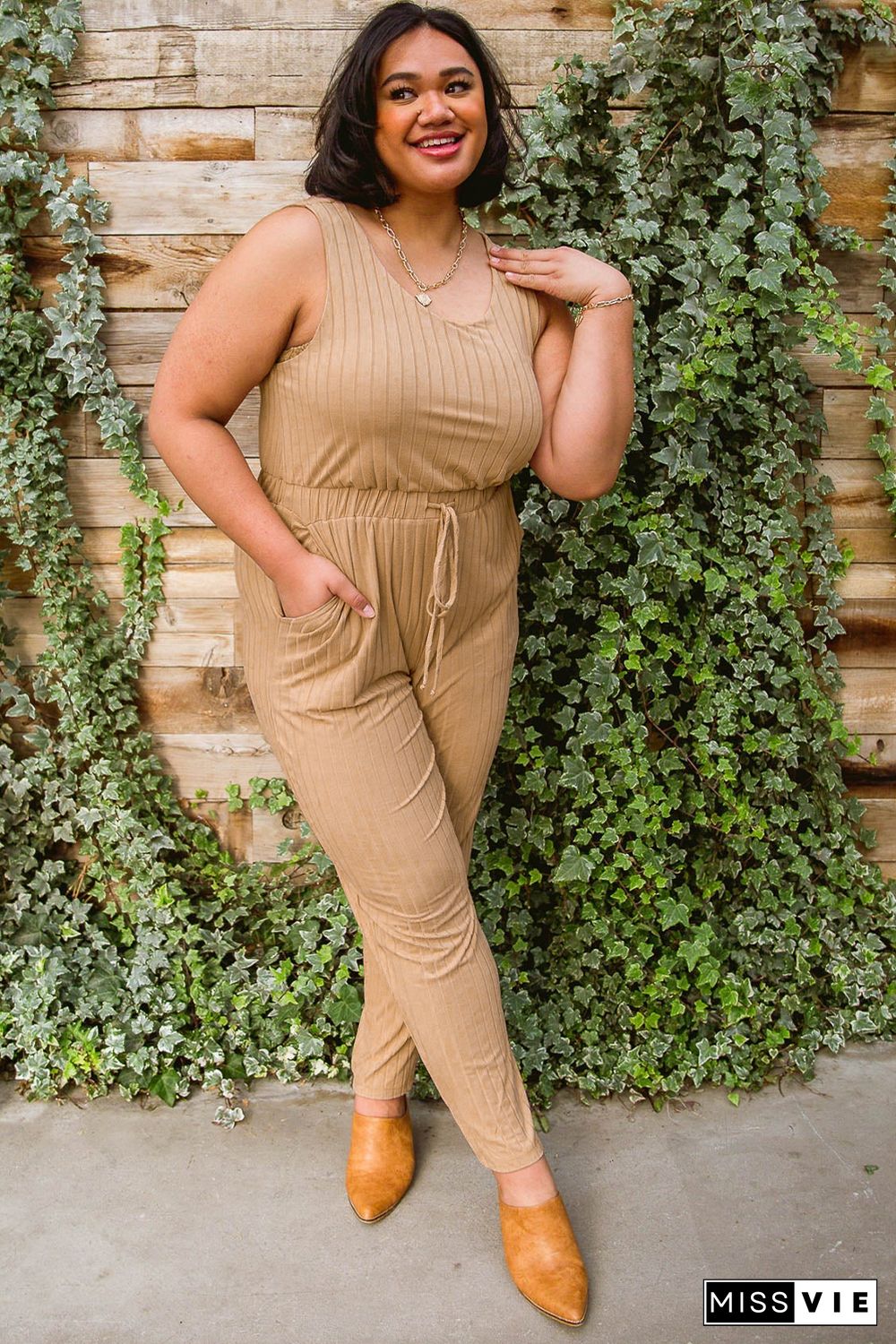 Apricot Ribbed Drawstring Waist Plus Size Sleeveless Jumpsuit