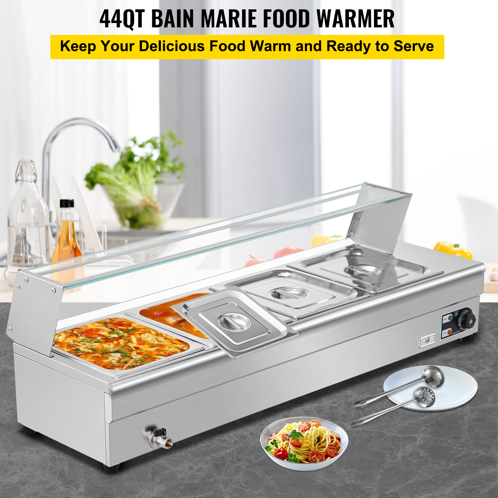 VEVORbrand Bain Marie Food Warmer 4 Pan x 1/2 GN， Food Grade Stainelss Steel Commercial Food Steam Table 6-Inch Deep， 1500W Electric Countertop Food Warmer 44 Quart with Tempered Glass Shield