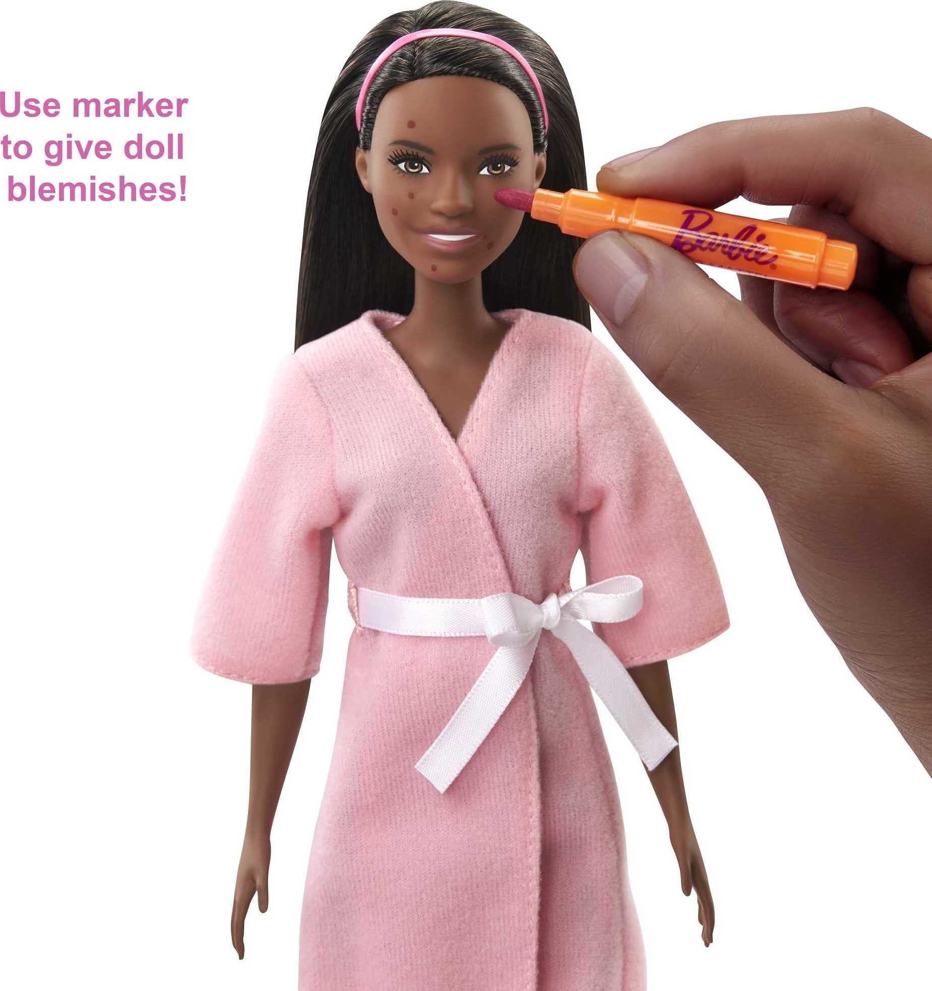 Barbie Face Mask Spa Day Playset, Brunette Doll and 10+ Accessories Including Puppy, Mask Mold and Dough