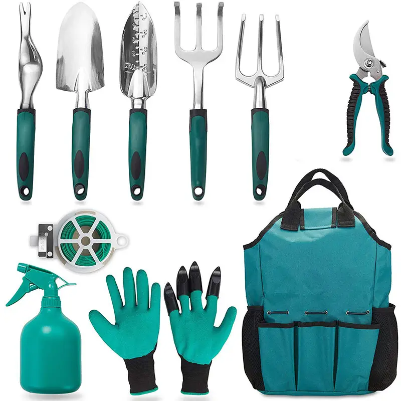 OEM 50 Pcs Garden Tool Set Aluminum Hand Tool Kit Garden Canvas Apron with Storage Pocket Outdoor Heavy Duty Gardening Work Set