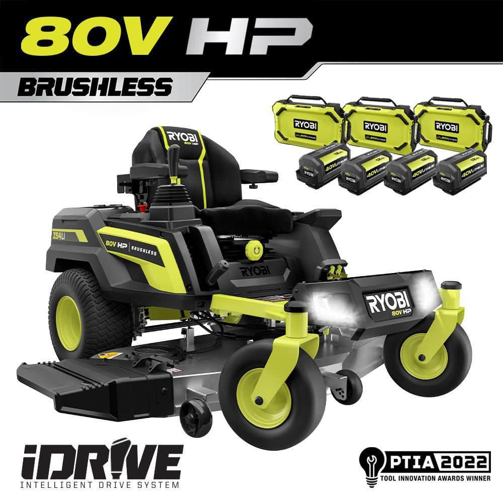 RYOBI 80V HP Brushless 54 in. Battery Electric Cordless Zero Turn Riding Mower (3) 80V Batteries (4) 40V Batteries and Charger RYRM8034