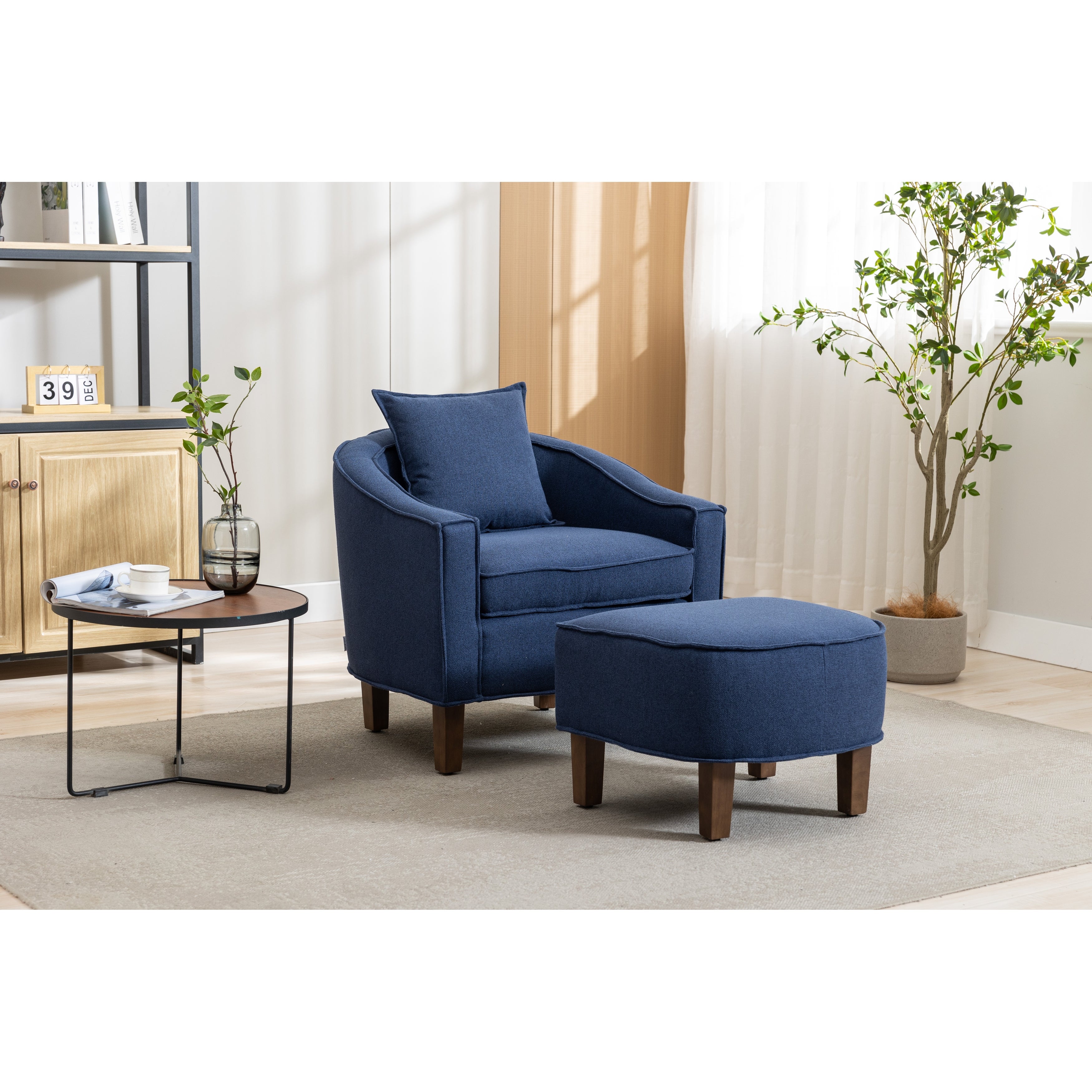 Modern Accent Chair with Ottoman， Mid Century Barrel Chair Lounge Chairs Upholstered Round Armchairs for Living Room， Navy