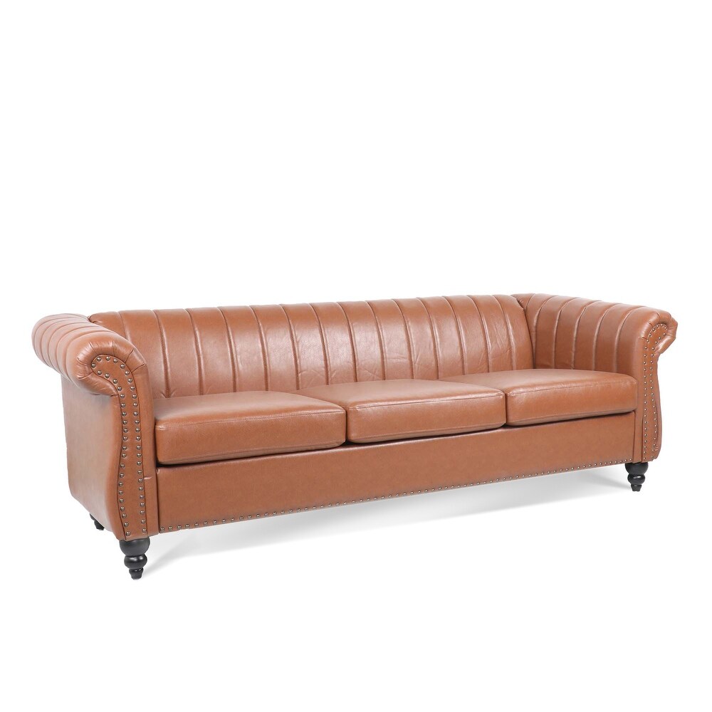 Modern PU Rolled Arm Chesterfield Three Seater Sofa