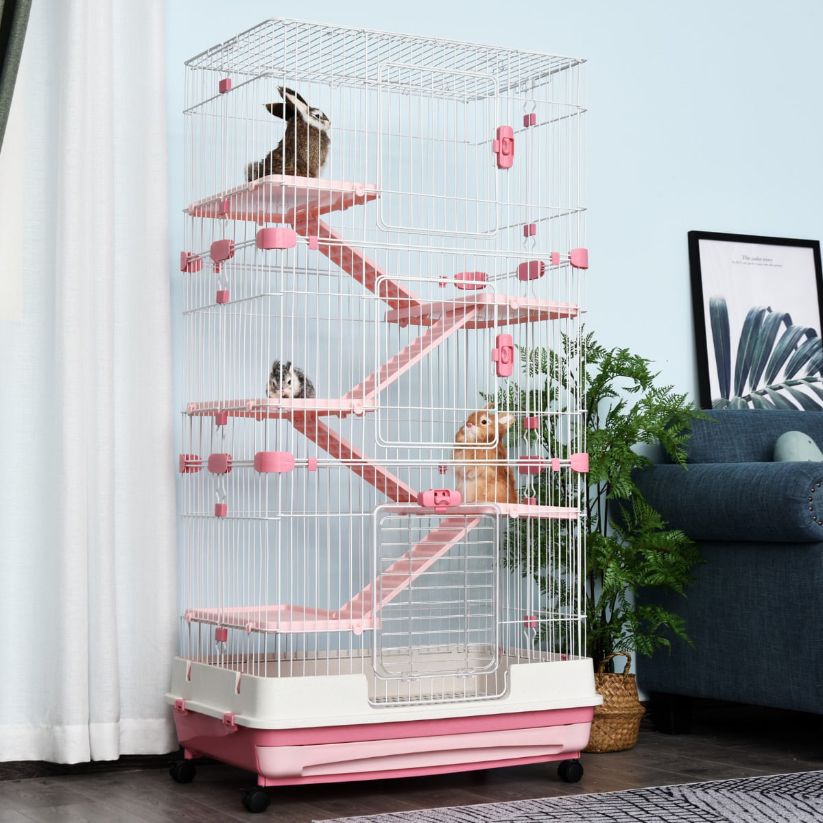 Carevas 6-level Cage Indoor Small Animal Hutch - Pink / White