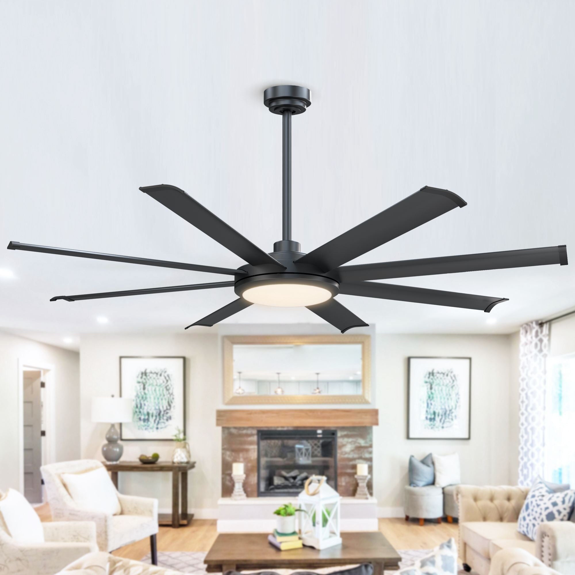 60-in Industrial 8-Blades Matte Black Reversible Ceiling Fan with Light and Remote Control - 60 Inches