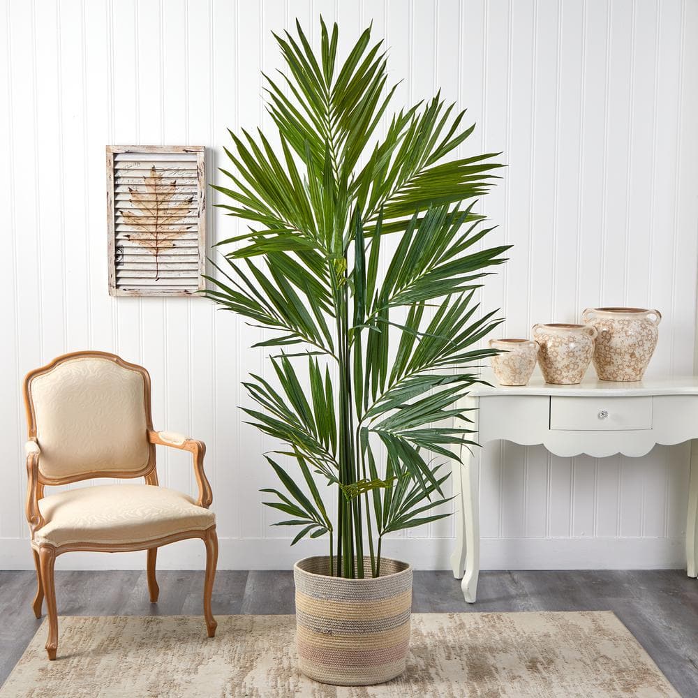 Nearly Natural 7 ft. Green Kentia Artificial Palm in Handmade Natural Cotton Multicolored Woven Planter T2894