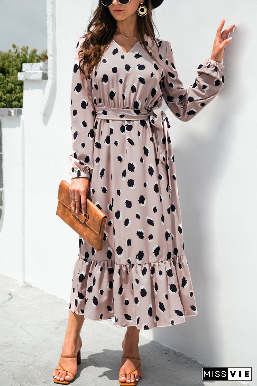 Dot Full Printed Longsleeves Split Lace-up Dress Wholesale