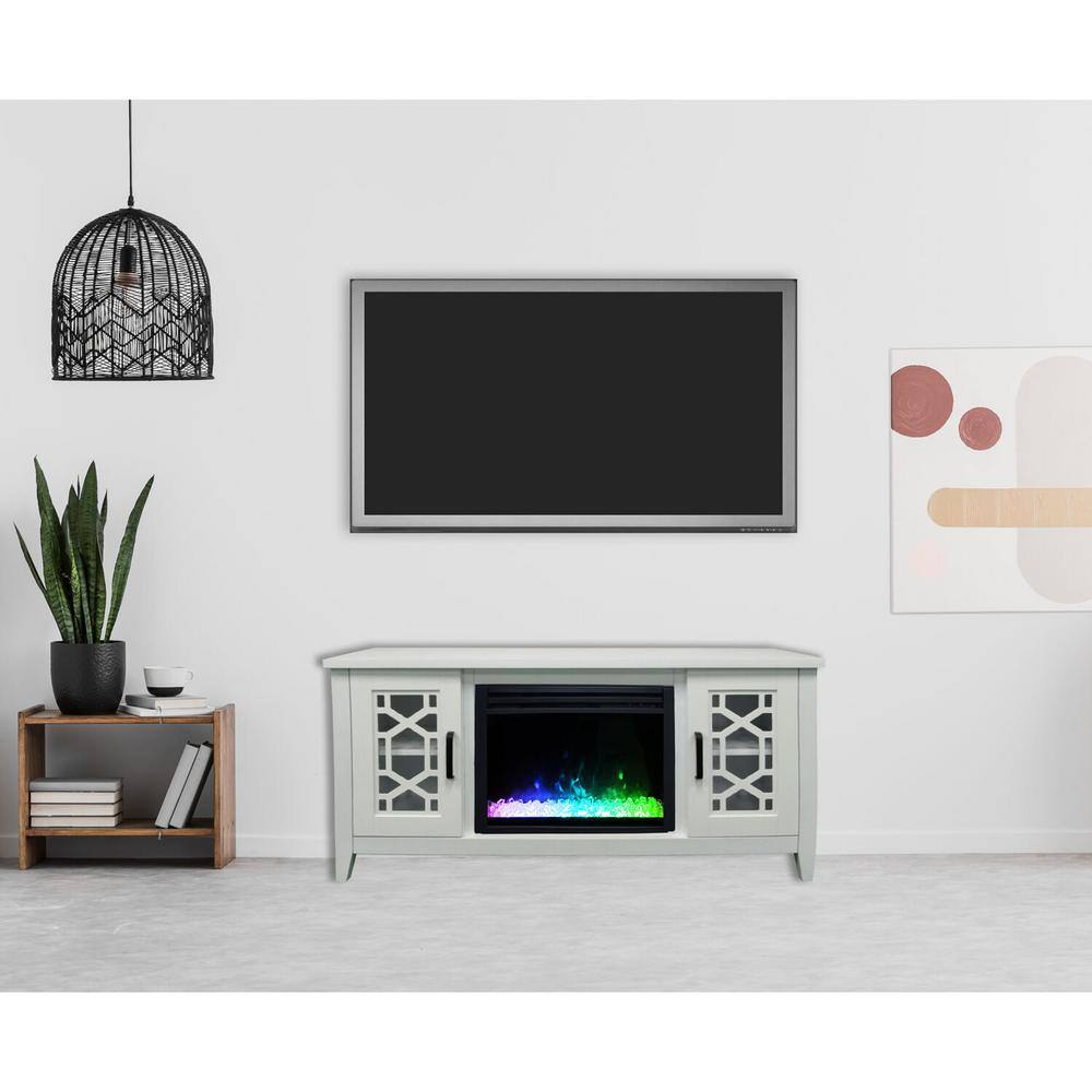 Hanover Arcadia Mid-Century 55.9 in. W Freestanding Electric Fireplace TV Stand in White with Multi-Color Crystal Insert FS5414-1BWTCS