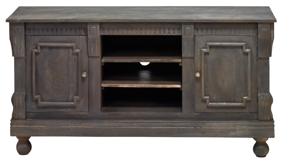 58 quotSolid Wood Hand Carved TV Stand Cabinet Dark Brown   Farmhouse   Entertainment Centers And Tv Stands   by Sideboards and Things  Houzz