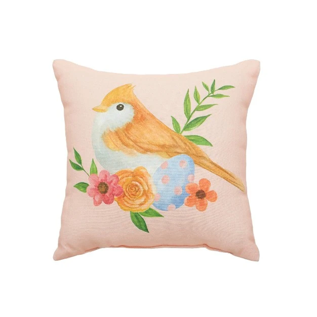 Pink Floral Bird Woven Throw Pillow