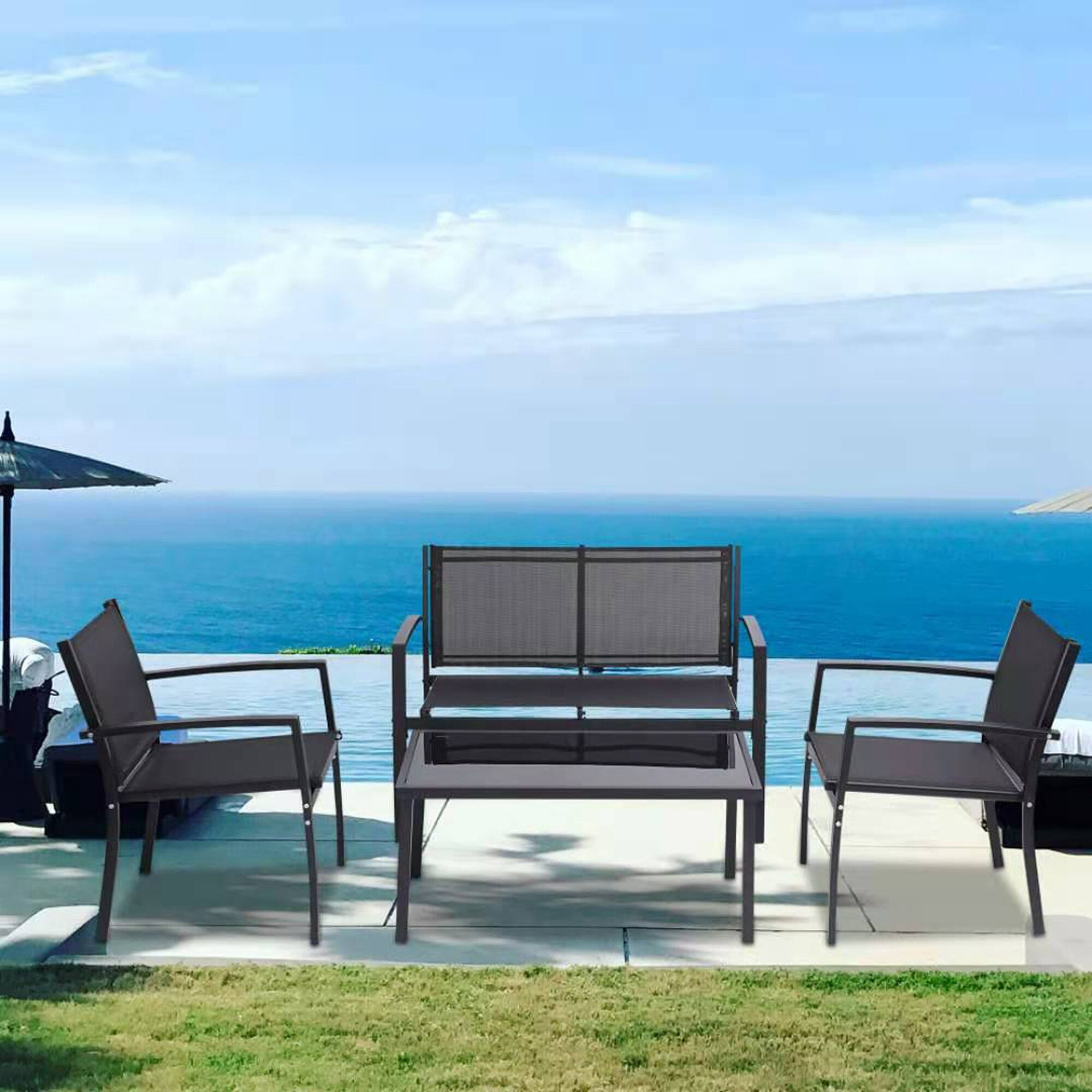 4 Pieces Black Outdoor Conversation Sets with Glass Coffee Table - Overstock - 37475800