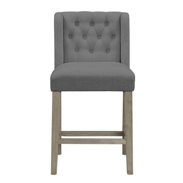 Set of 2 Aled Grey Fabric Counter Stool with Wings and Tufted Buttons