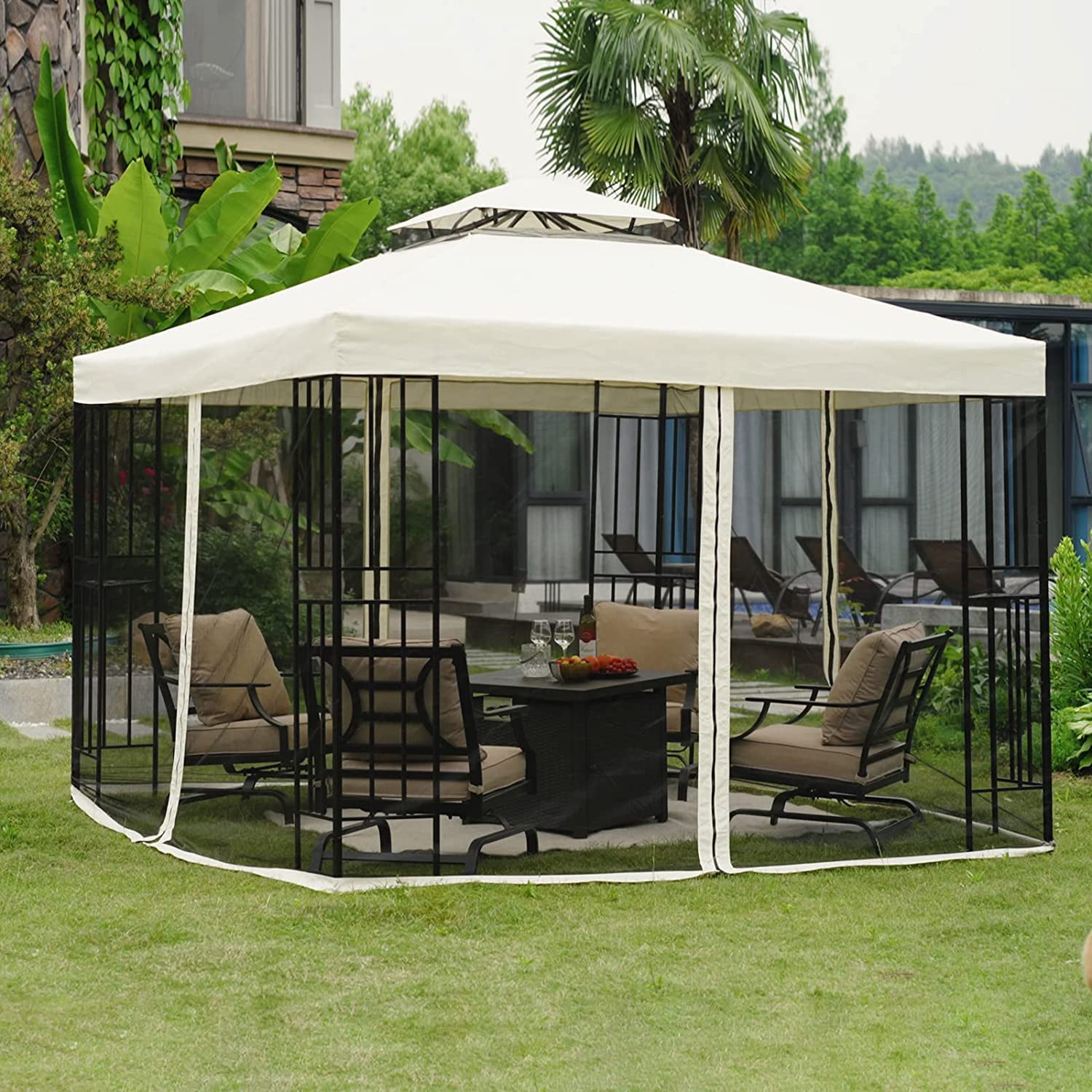 10x10 Ft Patio Gazebo with Mesh Netting Outdoor Canopy for Backyard, Garden, Pool-Side, Beige