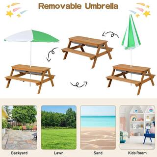 ANGELES HOME Rectangle Wood Outdoor Picnic Table with Umbrella Play Boxes 8CK10-HY8