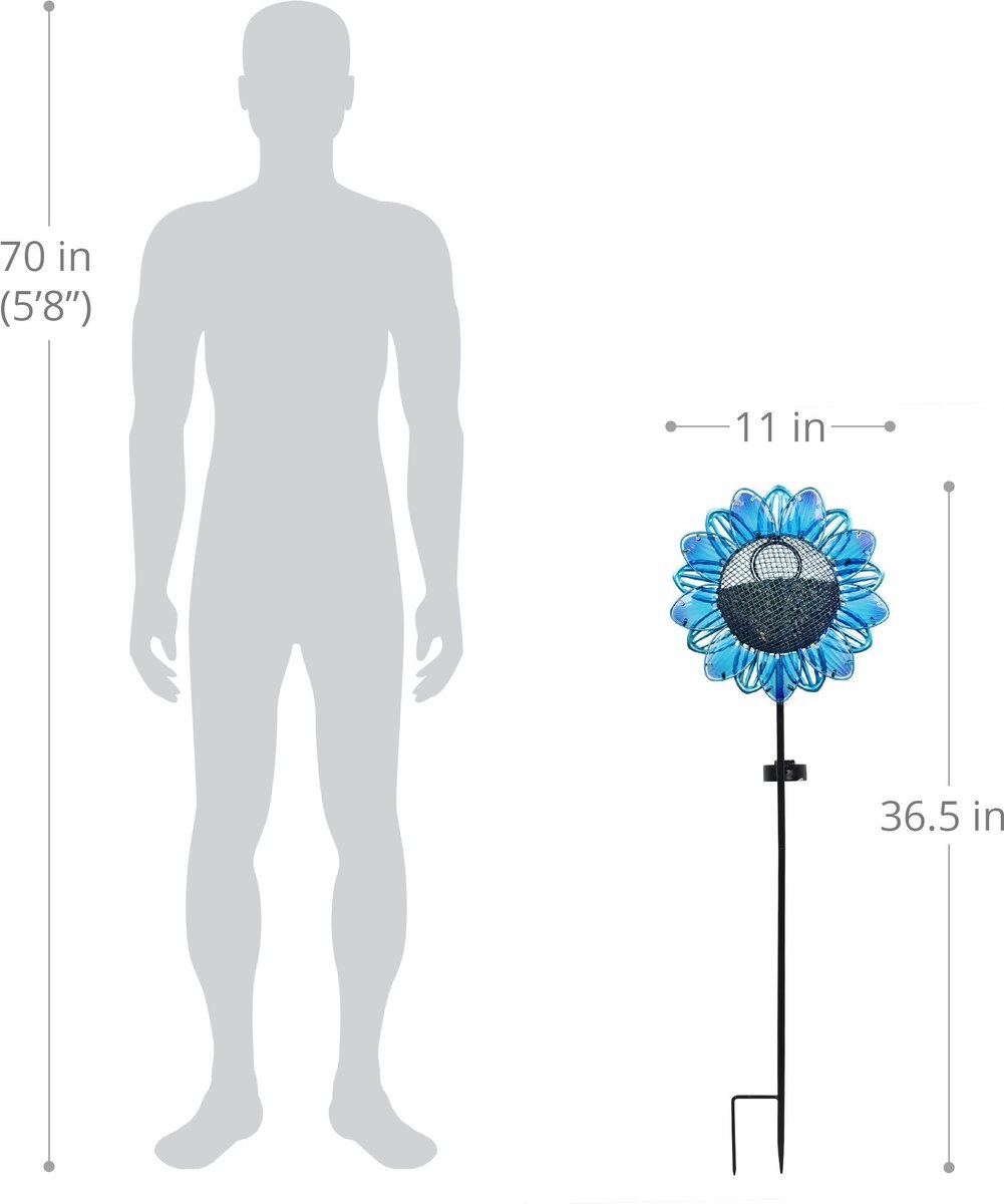 Exhart Solar Sunflower Metal and Glass Bird Seed Feeder Garden Stake