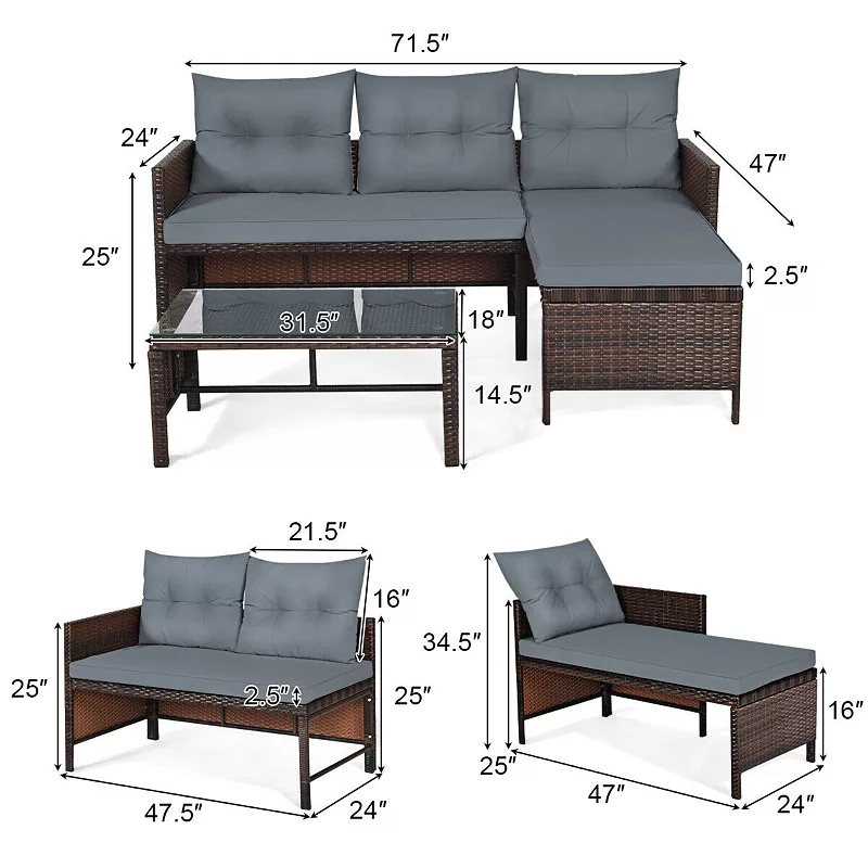 3 Pieces Patio Wicker Rattan Sofa Set