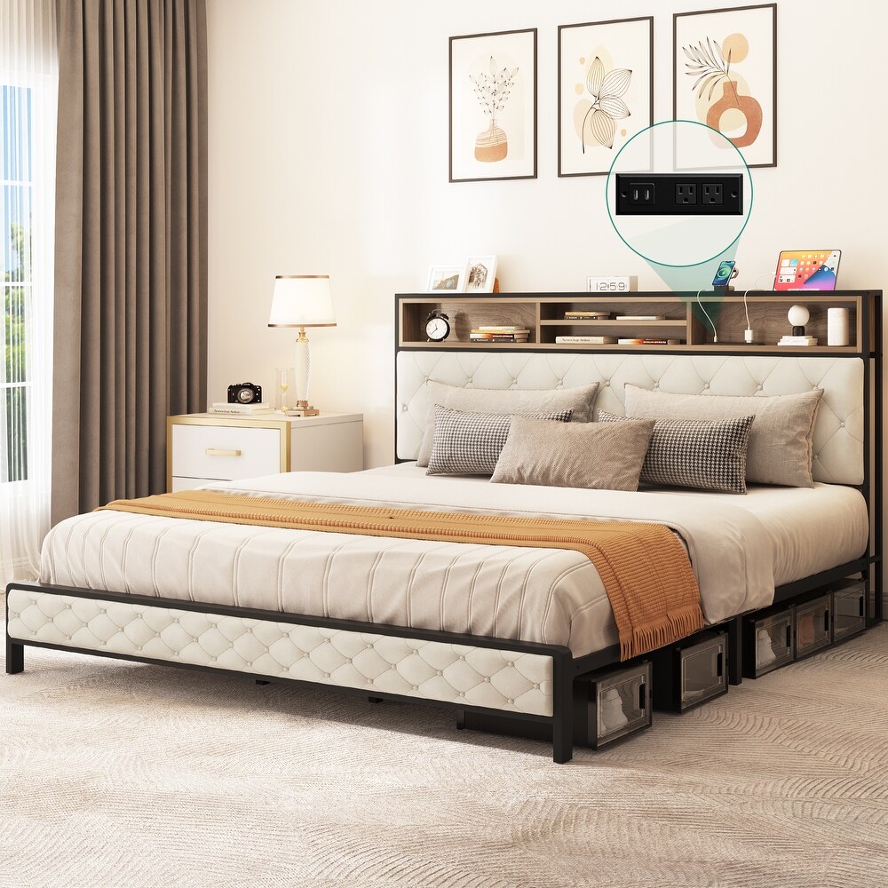 Modern King Upholstered Storage Bed With USB Power pad