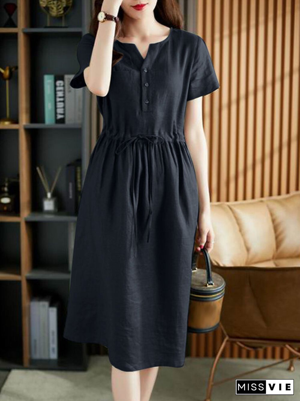 Solid Pocket Drawstring Waist Button Short Sleeve Dress